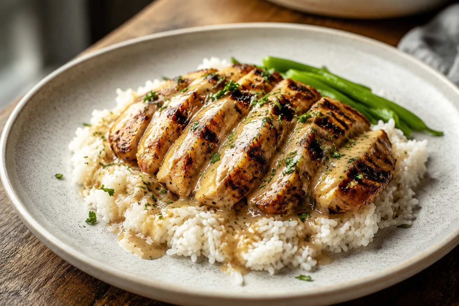 A single plated dinner portion of grilled herb chicken sliced over rice with a light sauce drizzle