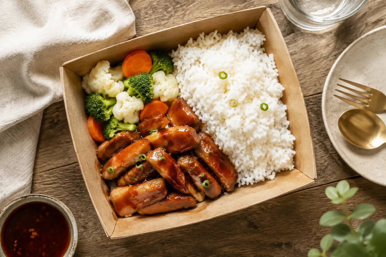 A modest takeout family meal tray with glazed chicken, rice, and a small side of vegetables on a casual dinner table