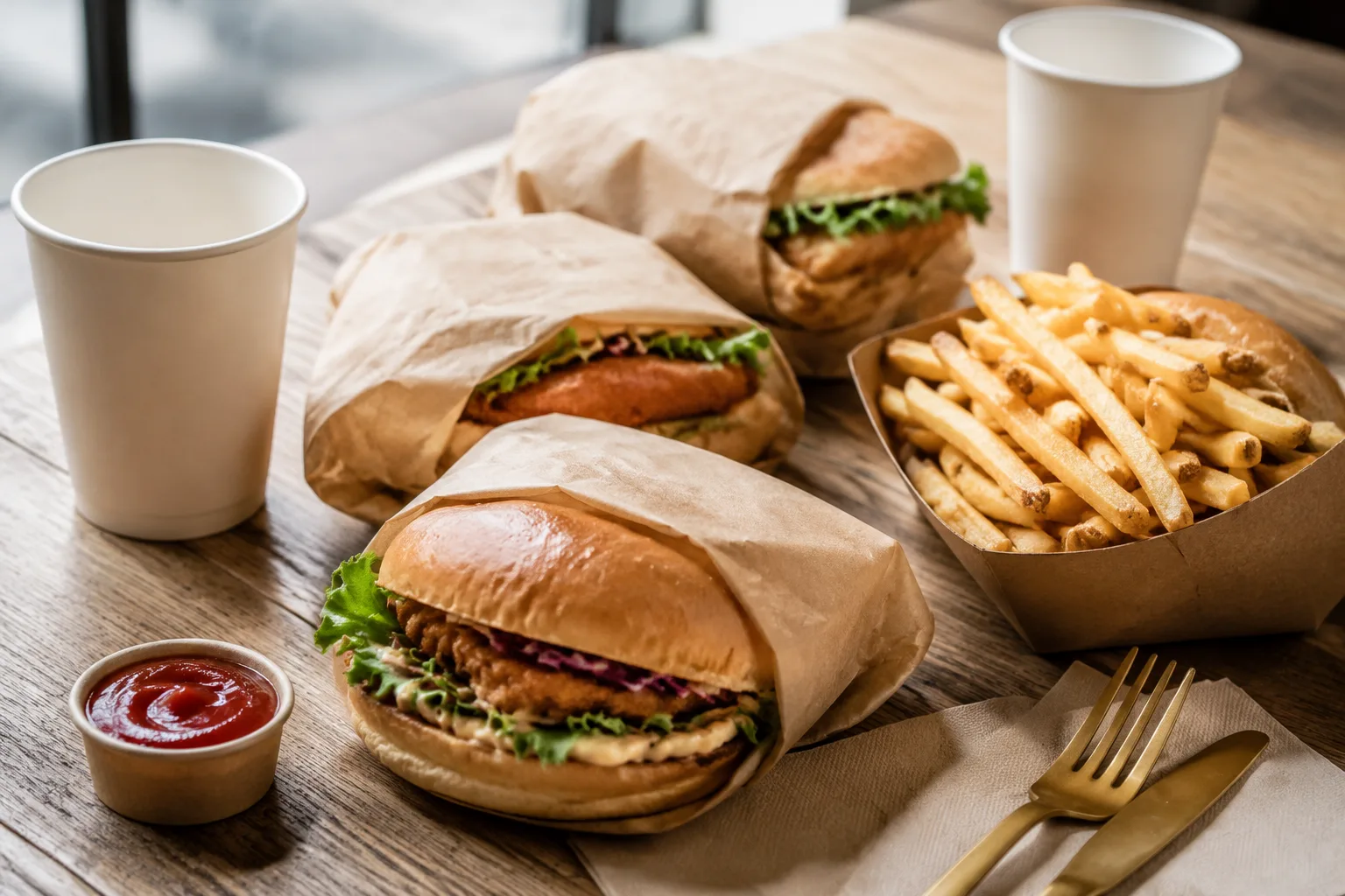 A plain unbranded fast food style order of wrapped sandwiches and a box of fries on a table