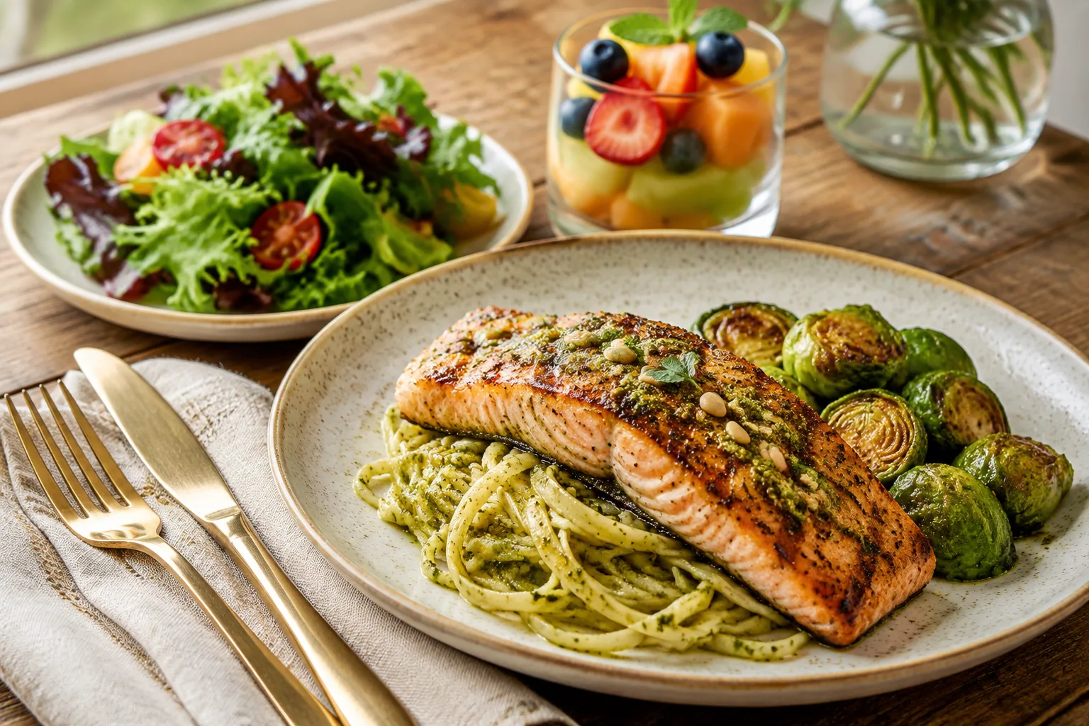 A plated grilled pesto salmon dinner with pasta and brussels sprouts, a side salad, and a cup of fresh fruit for dessert
