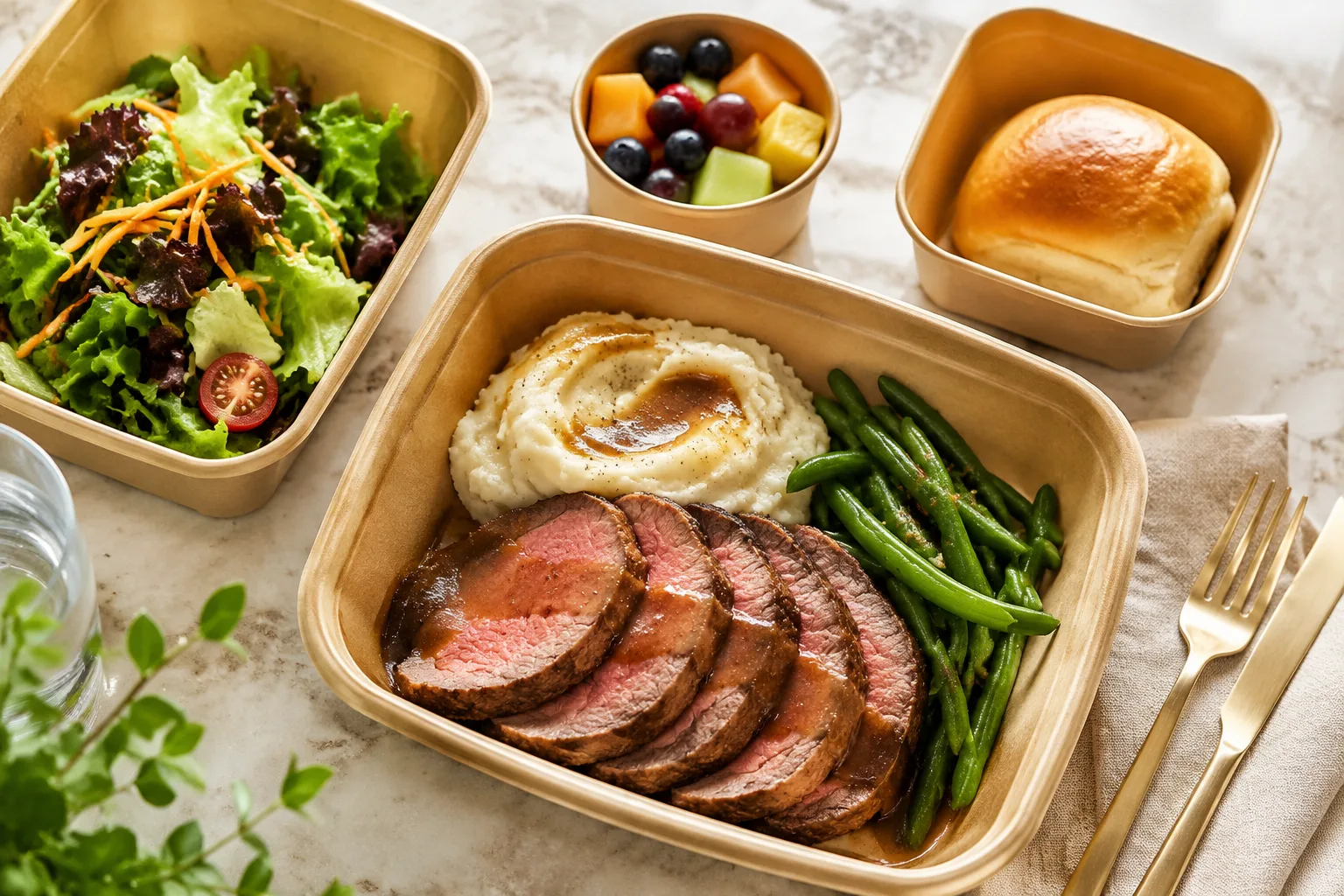A complete family meal spread in to-go containers with roast beef, mashed potatoes, green beans, salad, a dinner roll, and a fruit cup for dessert