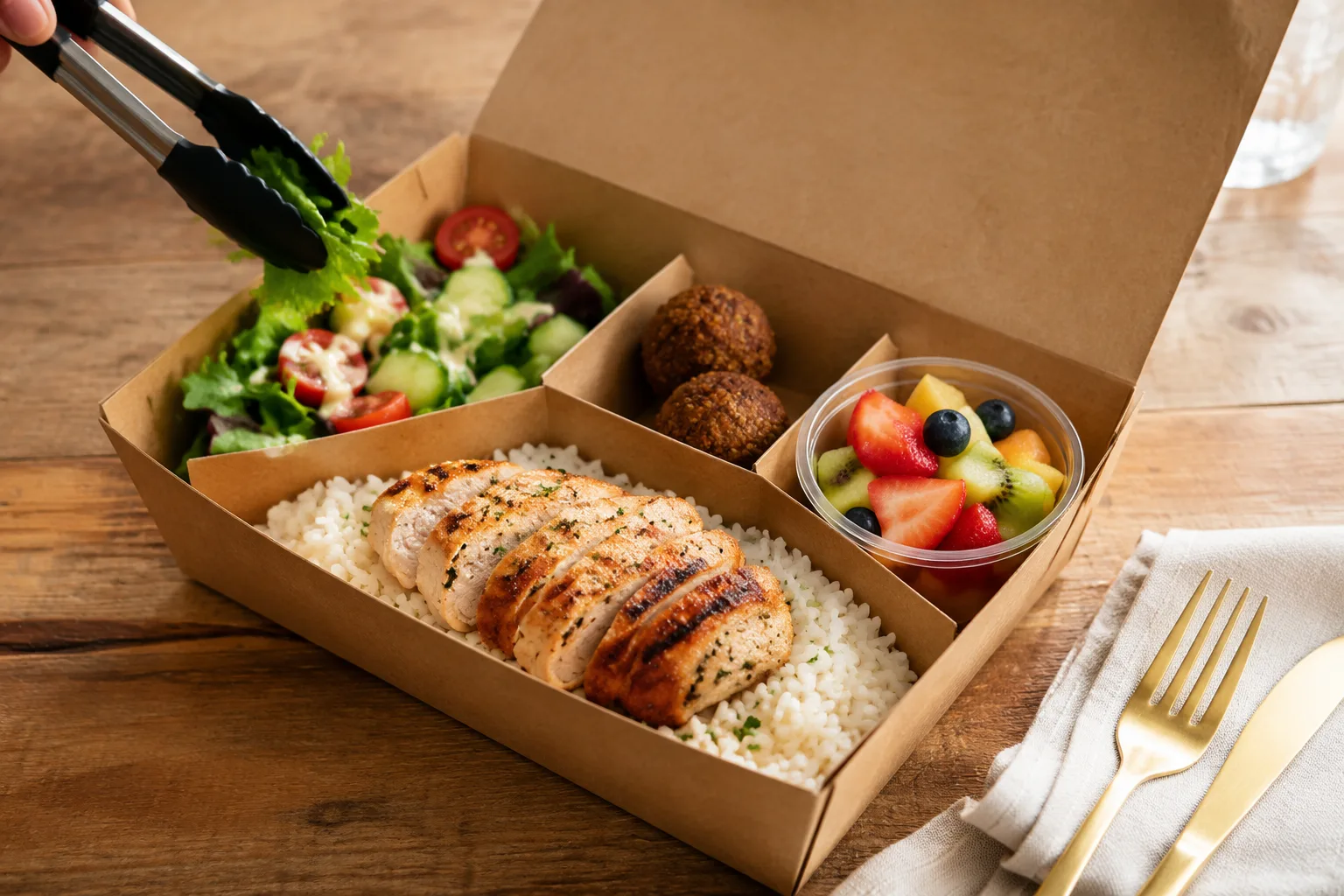 A takeout container being packed with a grilled entree, side salad, falafel appetizer, and a cup of mixed fruit in separate compartments