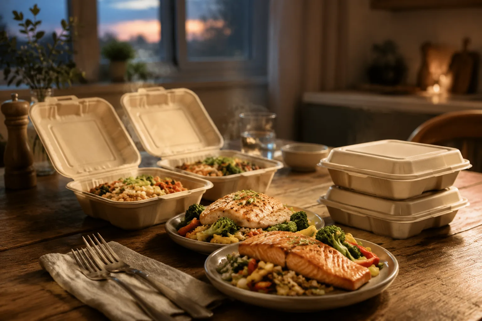 Two open takeout meal containers plated onto dinner plates on a kitchen table at dusk, with unopened containers waiting nearby
