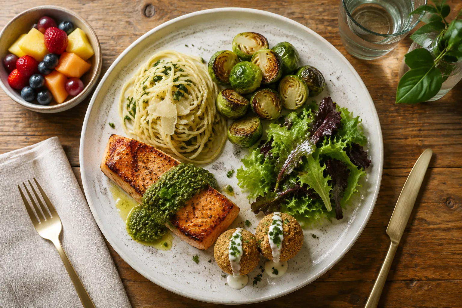 A complete plated family-style dinner with grilled salmon, pasta, brussels sprouts, side salad, falafel, and a fruit cup arranged on a table