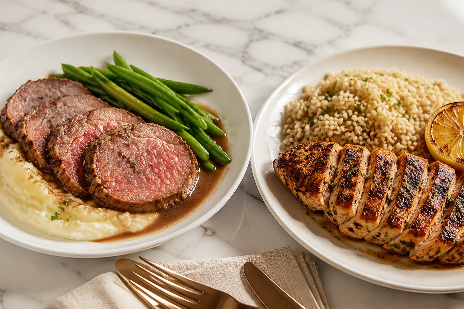 Two plated family meal entrees side by side, tenderloin roast beef with mashed potatoes and green beans next to lemon herb grilled steak with brown rice