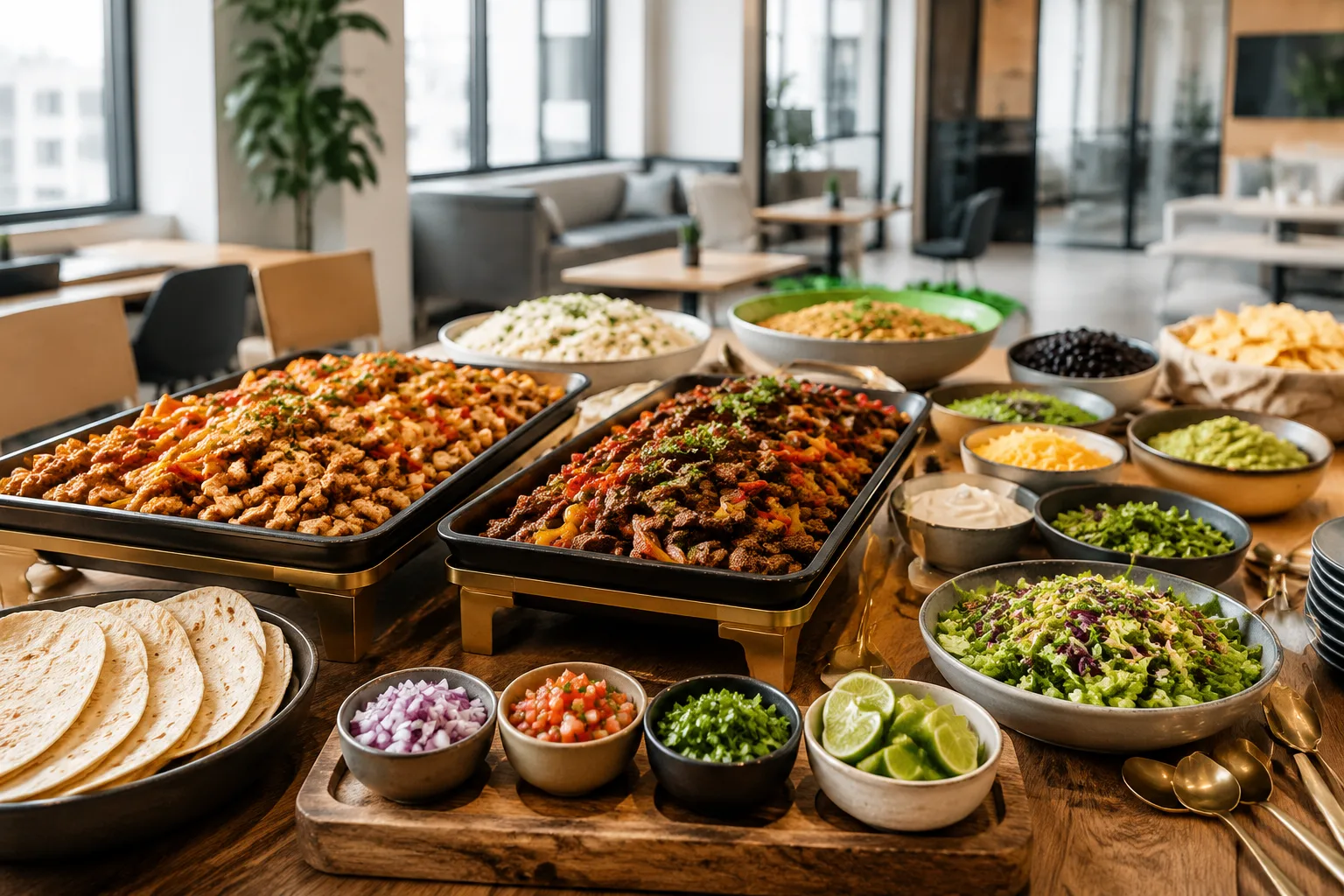 An office catering buffet spread of grilled fajita-style chicken and steak with peppers, onions, and grain bowl sides set up on a table for a group lunch