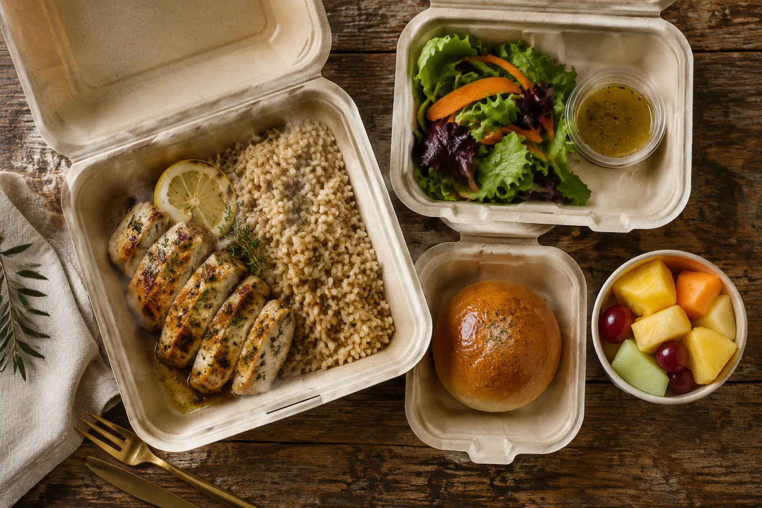 A family meal pickup order of lemon herb grilled chicken with brown rice, a mixed green salad, a dinner roll, and a fruit cup in open to-go containers on a wood table