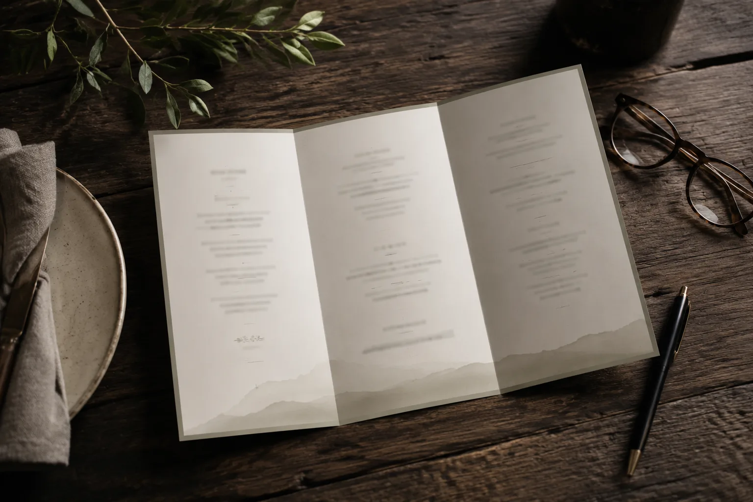 Tri-fold menu card open on a wooden table next to reading glasses and a pen