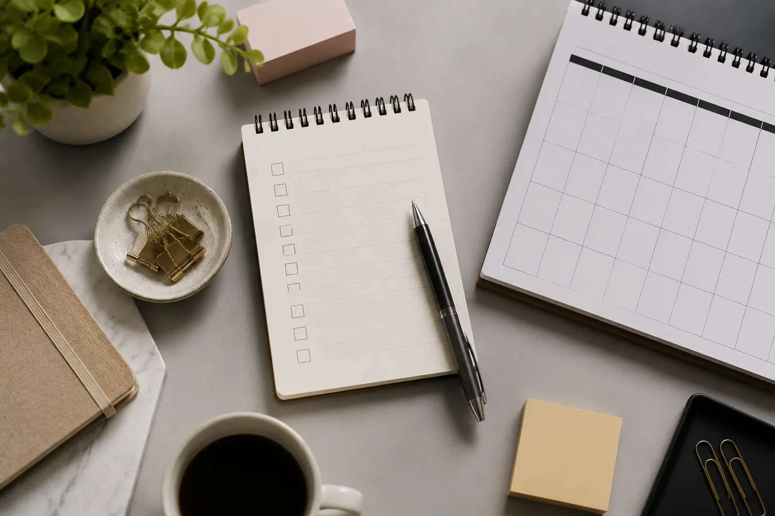 Checklist notepad, pen, and desk calendar arranged on an office desk