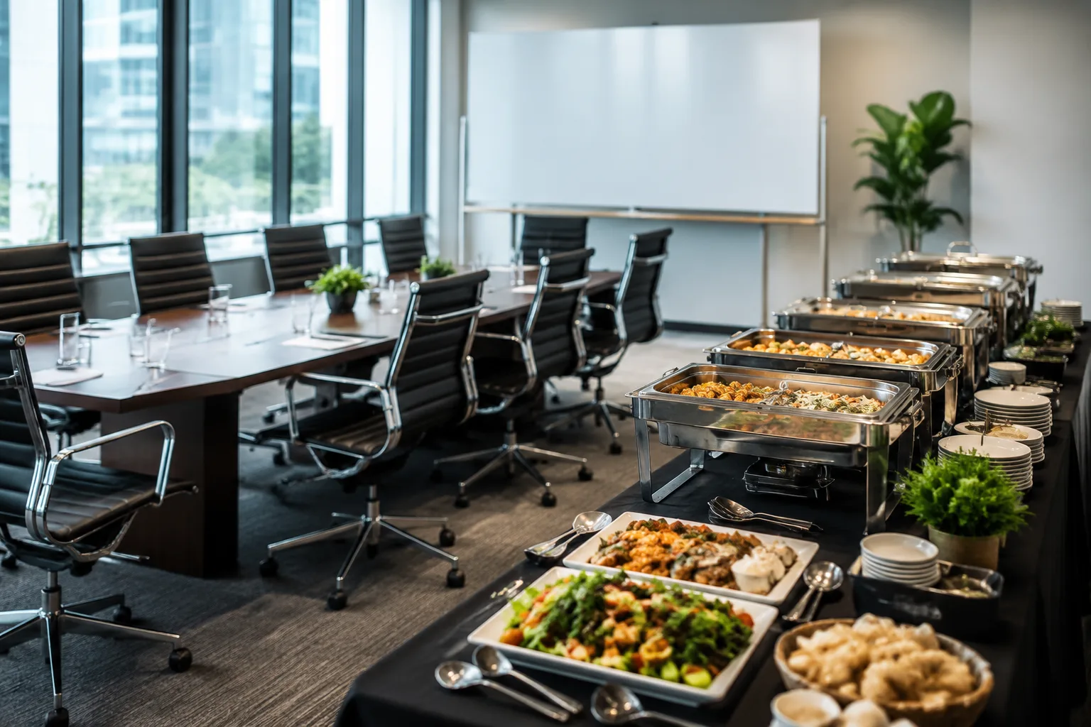 Office conference room set up with a catering buffet spread along one side
