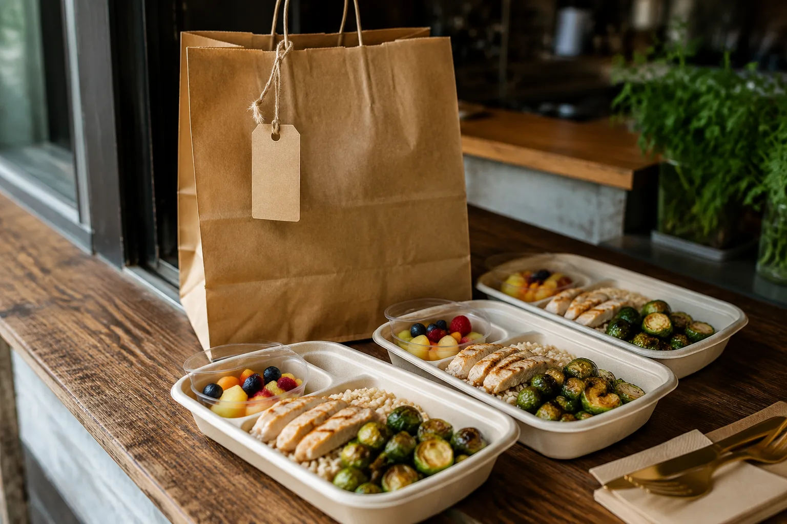 Kraft paper carrier bag with individually portioned family meal pickup containers including grilled chicken, rice, vegetables, and a fruit cup dessert