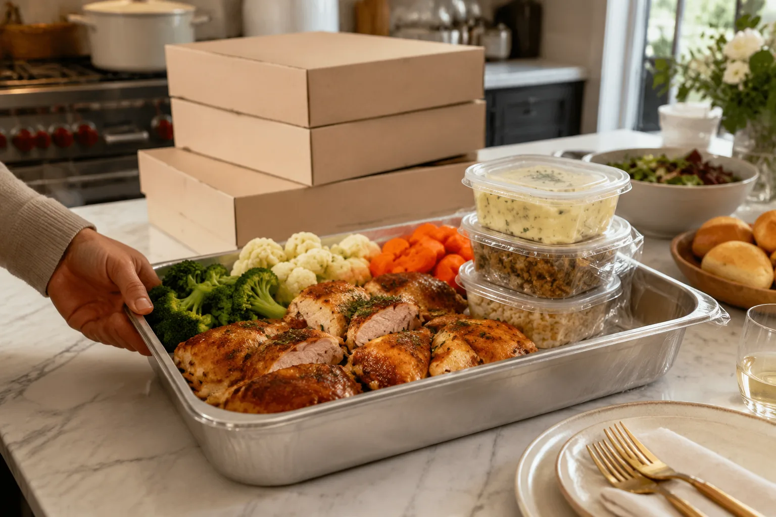 Grocery store deli catering tray of pre-cooked chicken and sides next to plain cardboard family meal to-go boxes on a kitchen counter