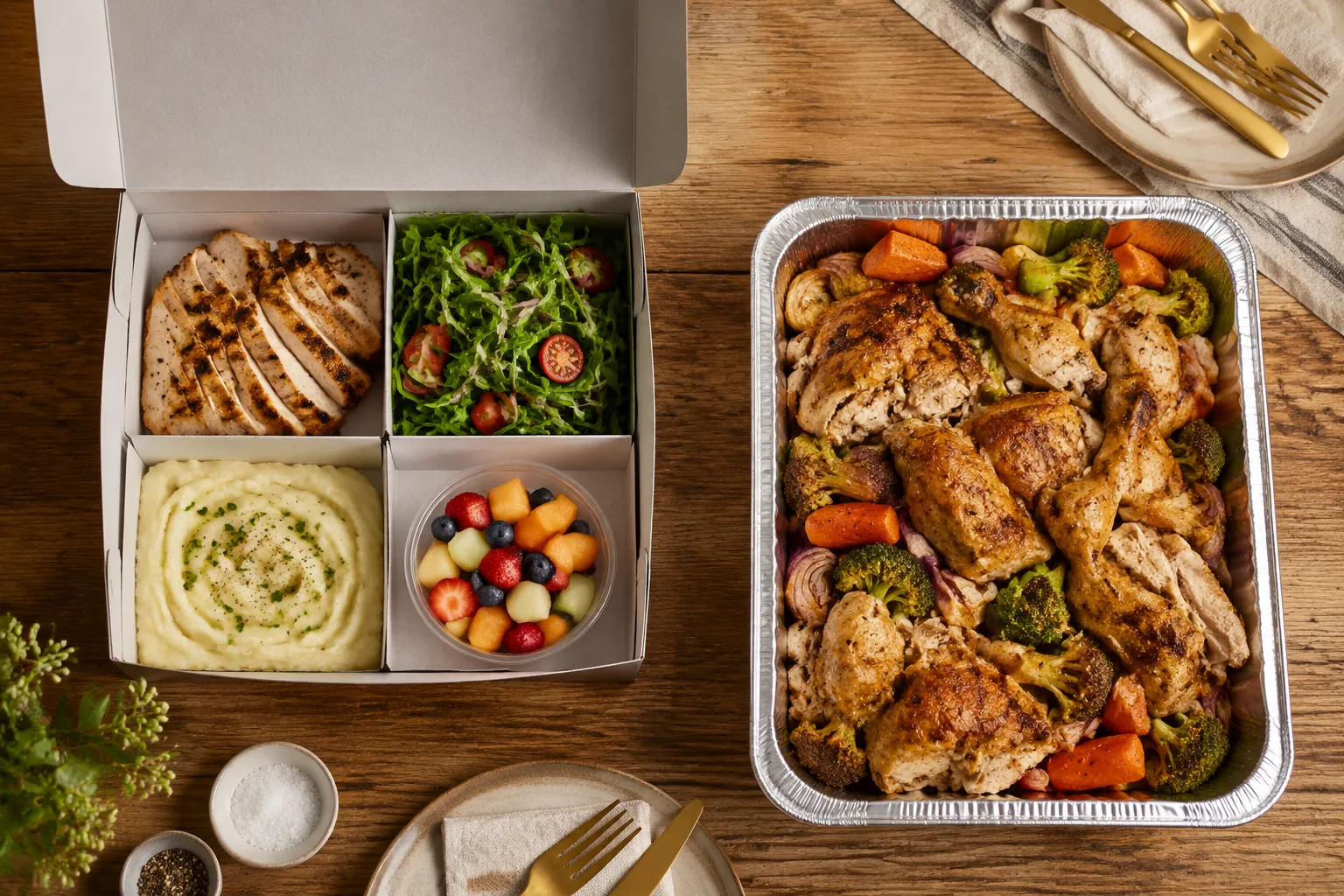 Overhead comparison of a restaurant family meal pickup box with grilled protein, salad, and fruit cup next to a generic grocery deli tray