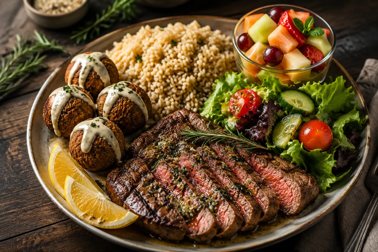 Five different family meal entrees including beef stew, grilled chicken, salmon, steak, and roast beef laid out together on a wood table