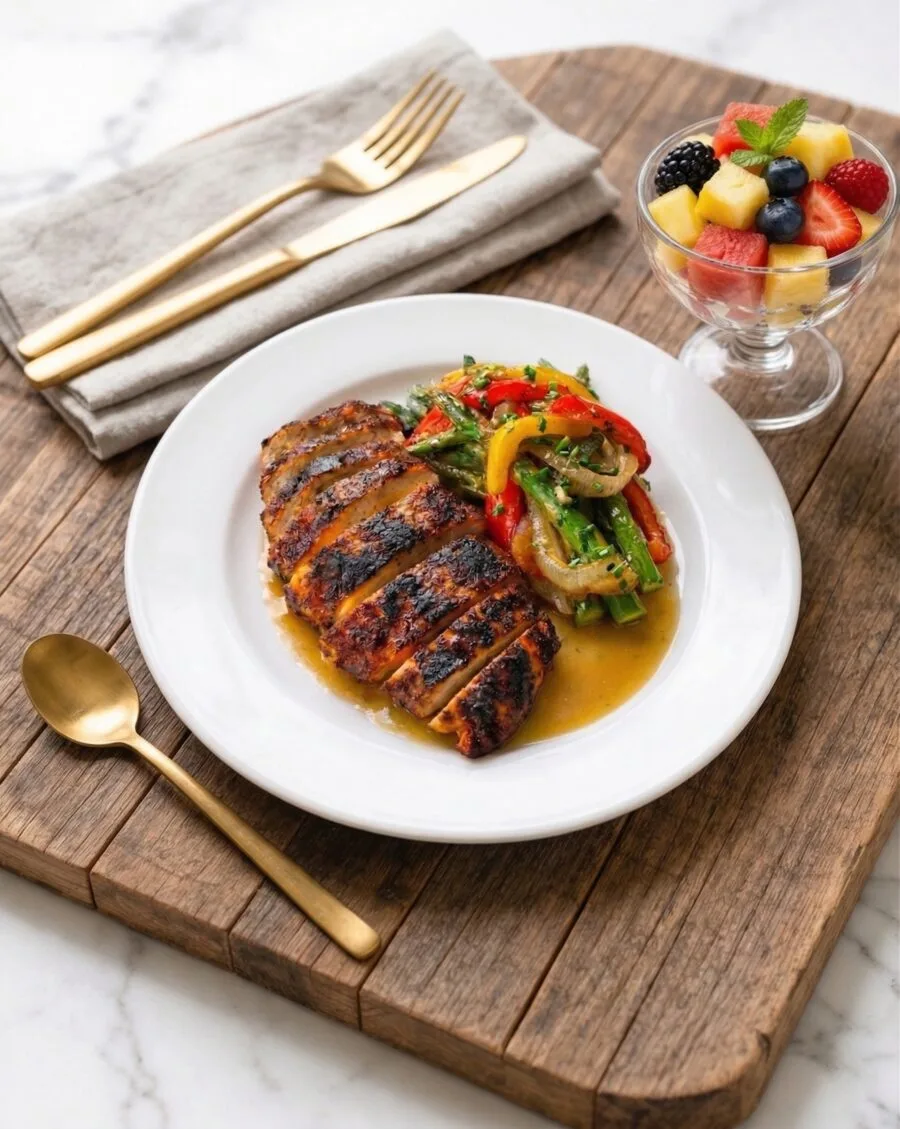 Grilled chicken and vegetable buffet spread arranged for office catering