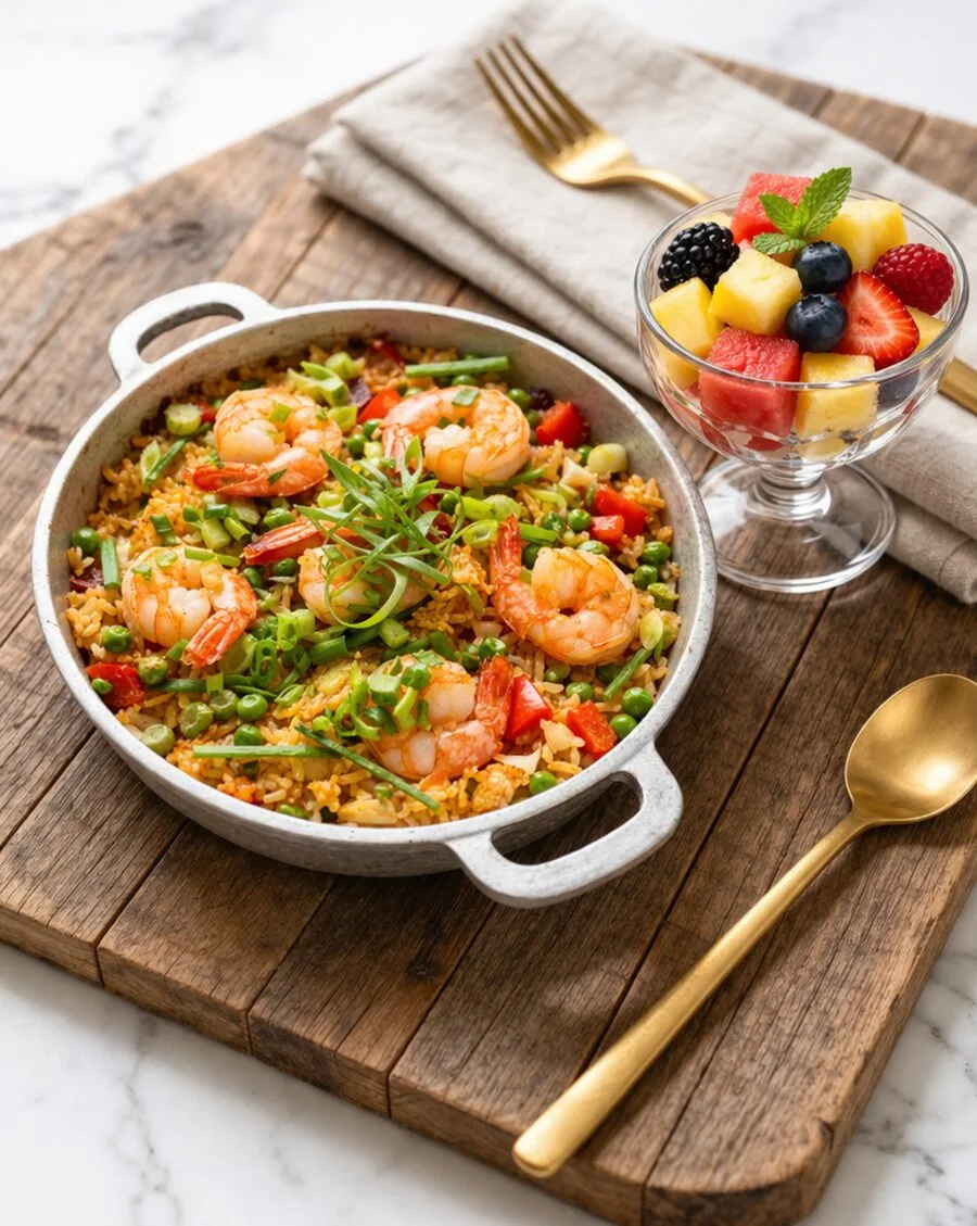 Shrimp paella served in a large catering pan