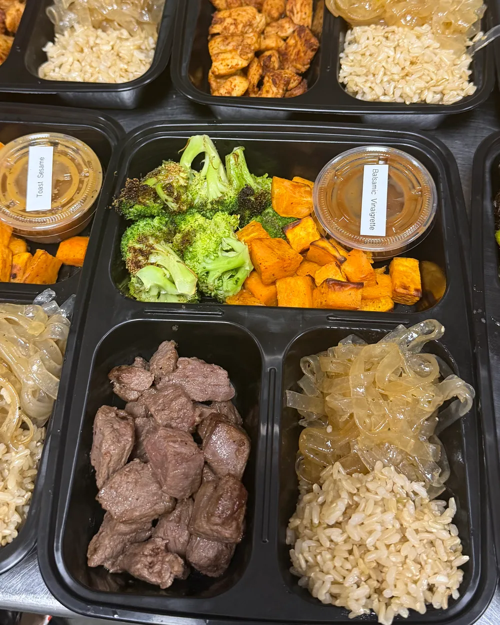 Brack's bowls with steak, brown rice, glass noodles, and roasted vegetables