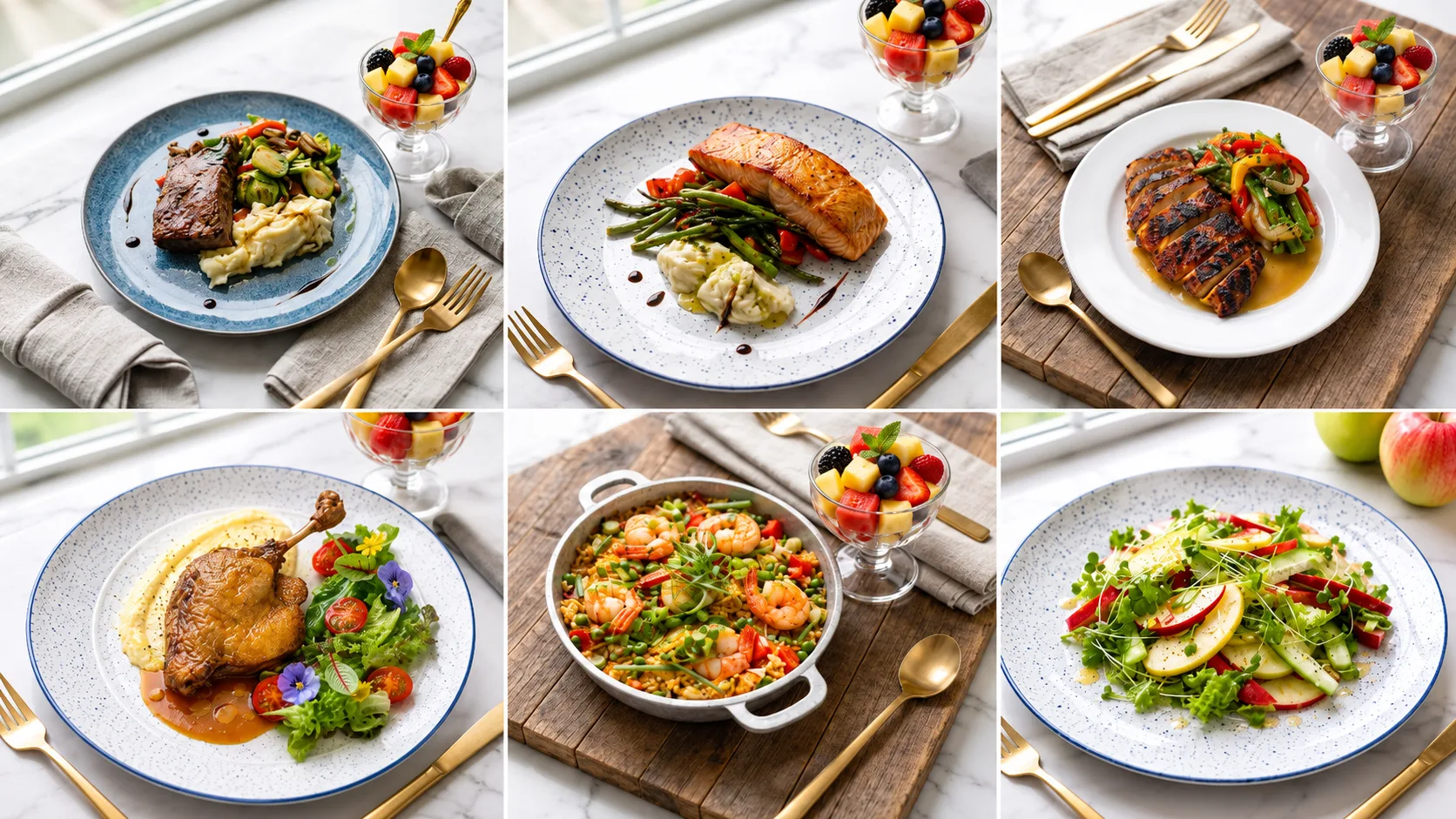 Five family meal dinner plates with distinct proteins and sides arranged on a table, showing an itemized, per-person meal spread