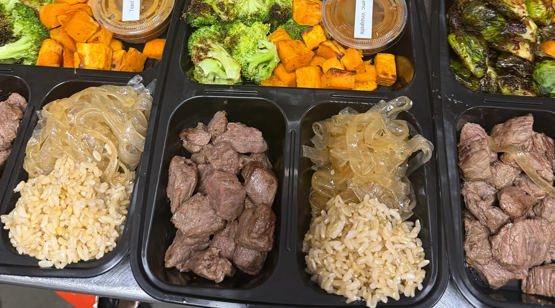 Brack's bowls with seared steak, brown rice, and glass noodles