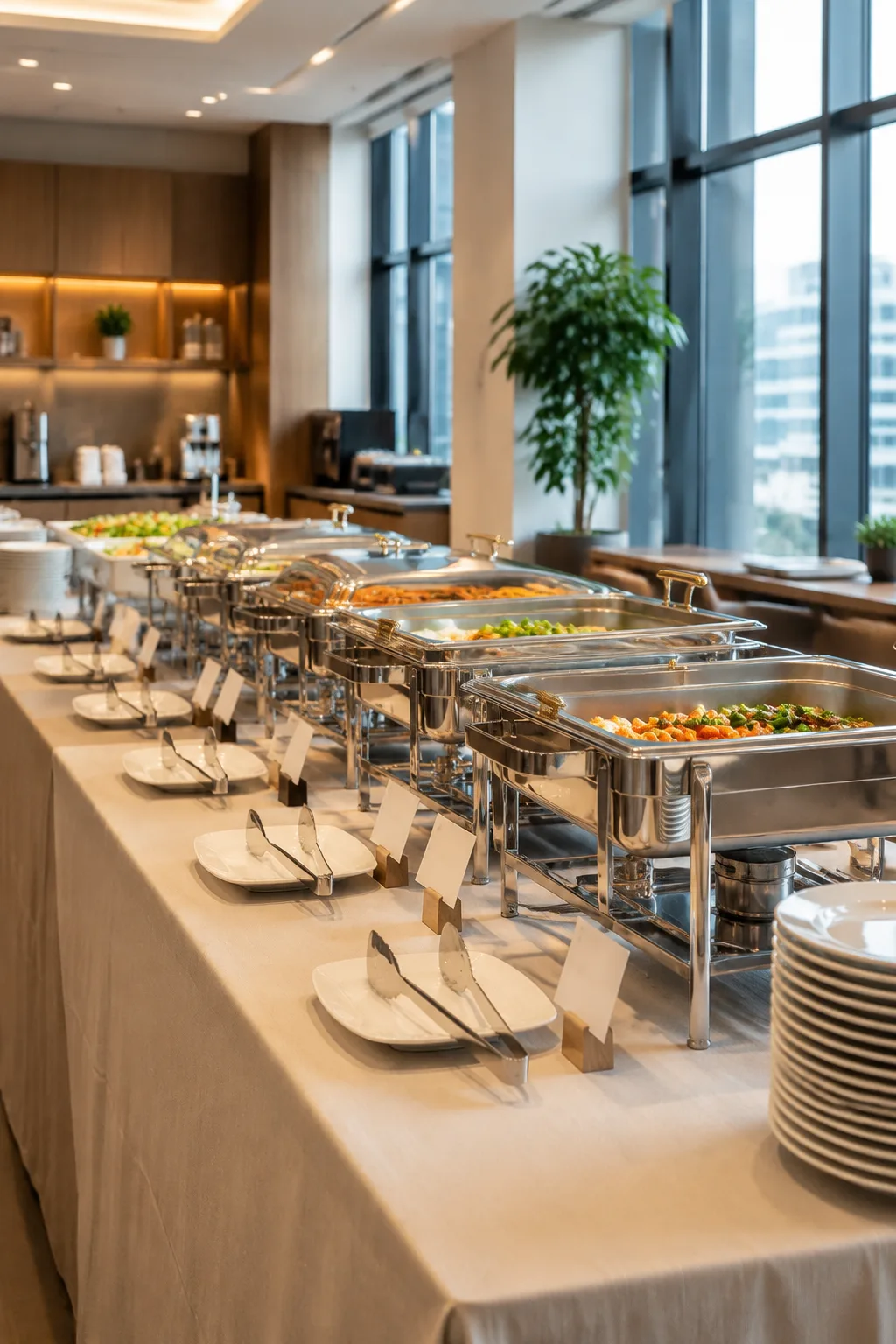 Elegant buffet setup with chafing dishes and serving trays for office catering
